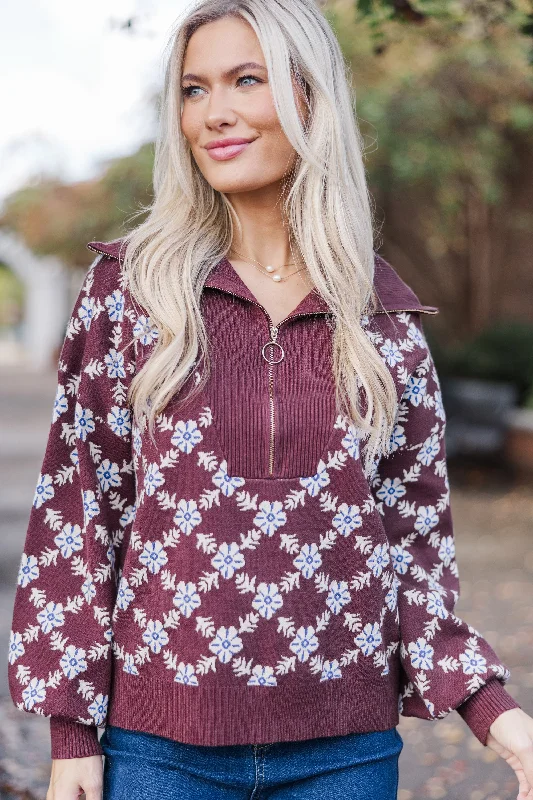 Stay Together Brown Floral Half Zip Sweater