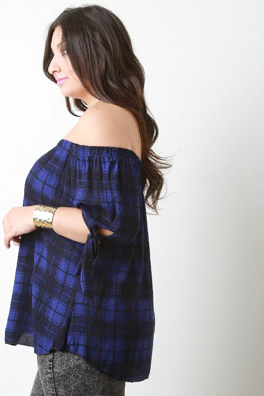 Plaid Tie Sleeve Off The Shoulder Top