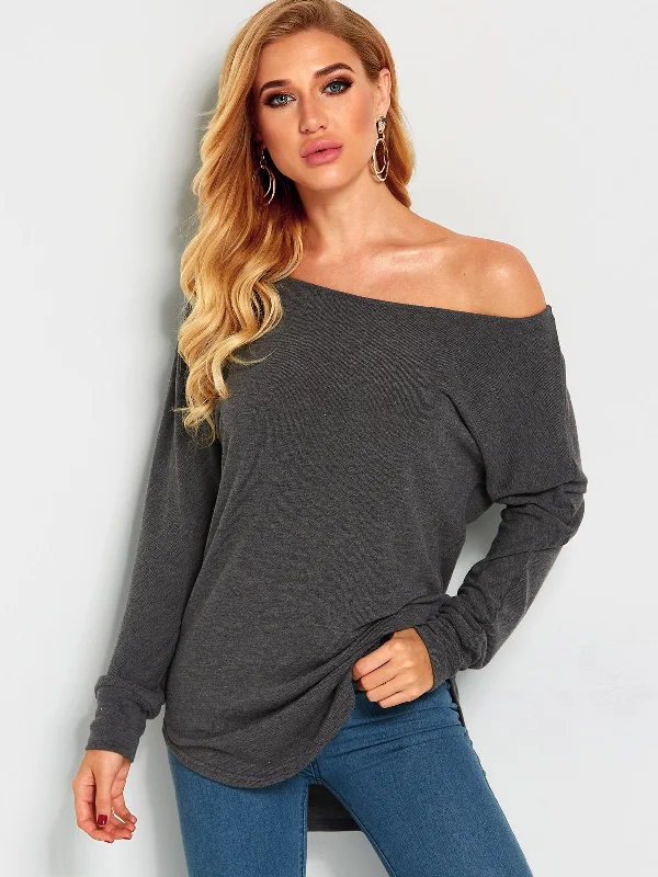 Wholesale One Shoulder Plain Long Sleeve Curved Hem Top