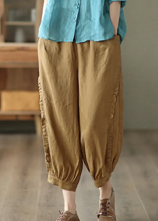 Brown Ruffled Elastic Waist Cozy Crop Pants