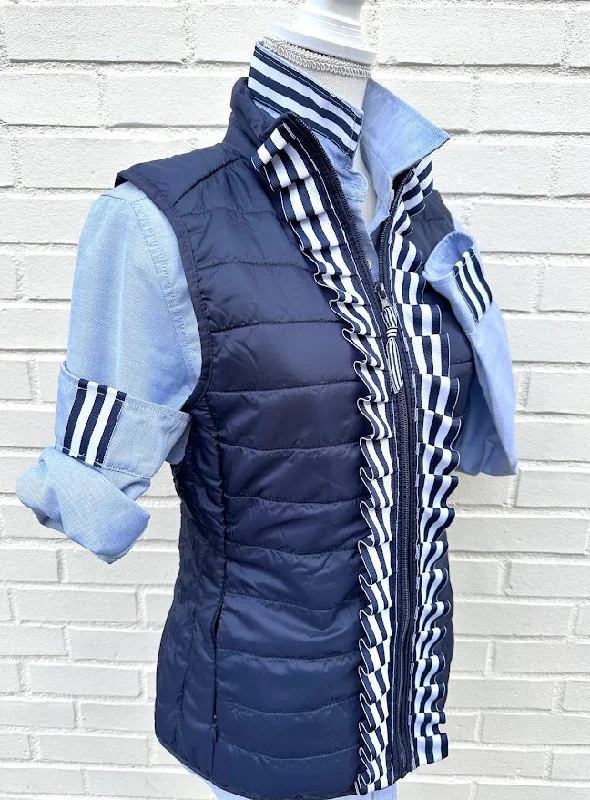 Maggie May Ruffled Ribbon Puffer Vest Navy w Navy & White Stripe (PF39)