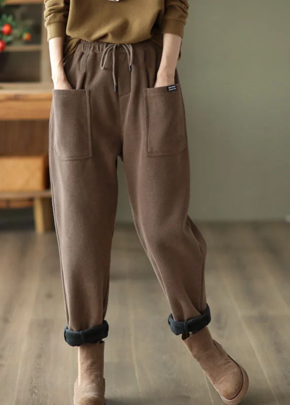 Casual Khaki Elastic Waist Drawstring Pockets Warm Fleece Pants Winter