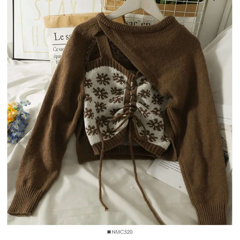 Design sense round neck long sleeve Pullover Sweater with suspender inside  1797