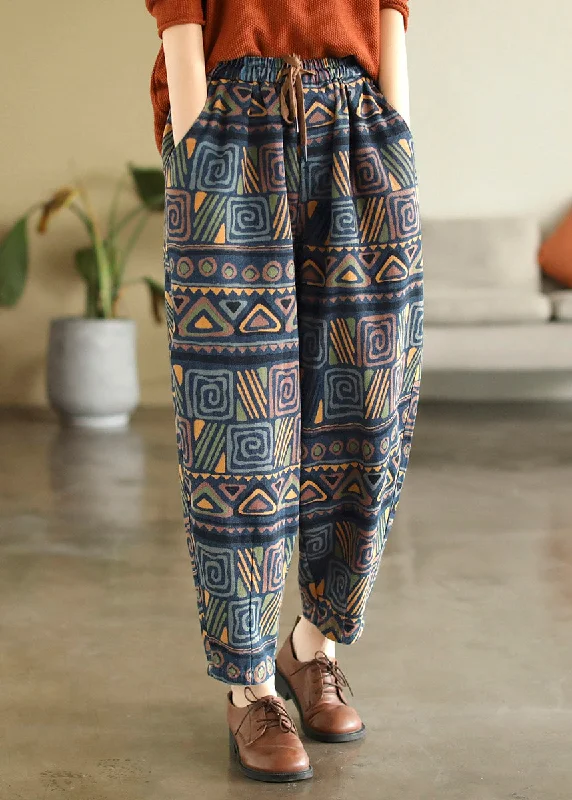 Bohemian Print Tie Waist Cotton Beam Pants Summer