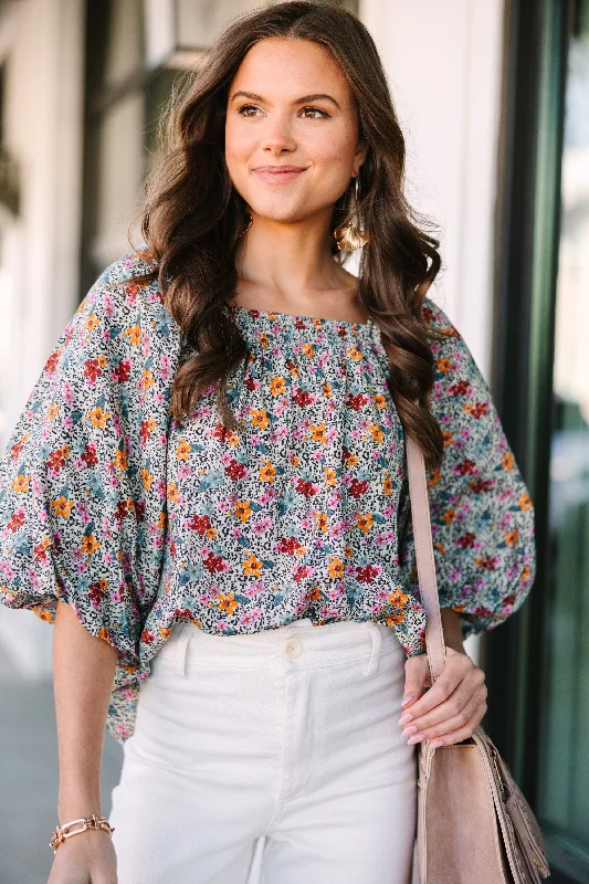 On Your Time Taupe Brown Ditsy Floral Blouse