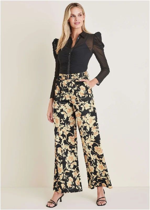 Floral Scroll Wide Leg Pant - Nouveau Roses