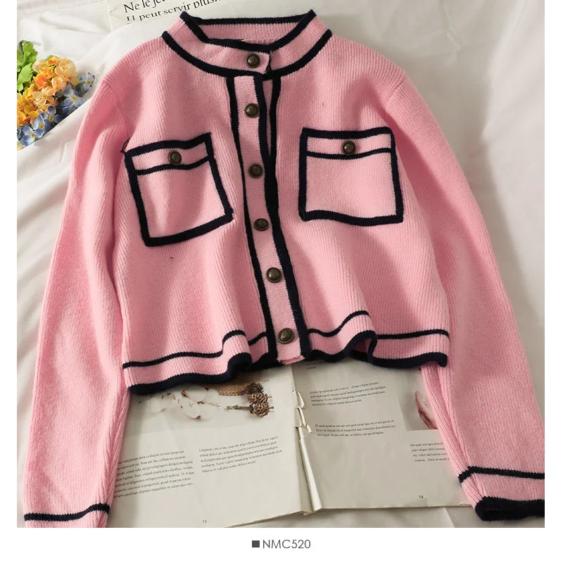 Korean stripe stand collar single breasted cardigan sweater female  1802