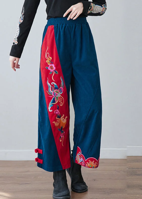 Casual Navy Embroideried Floral Pockets Elastic Waist Crop Pants Fall