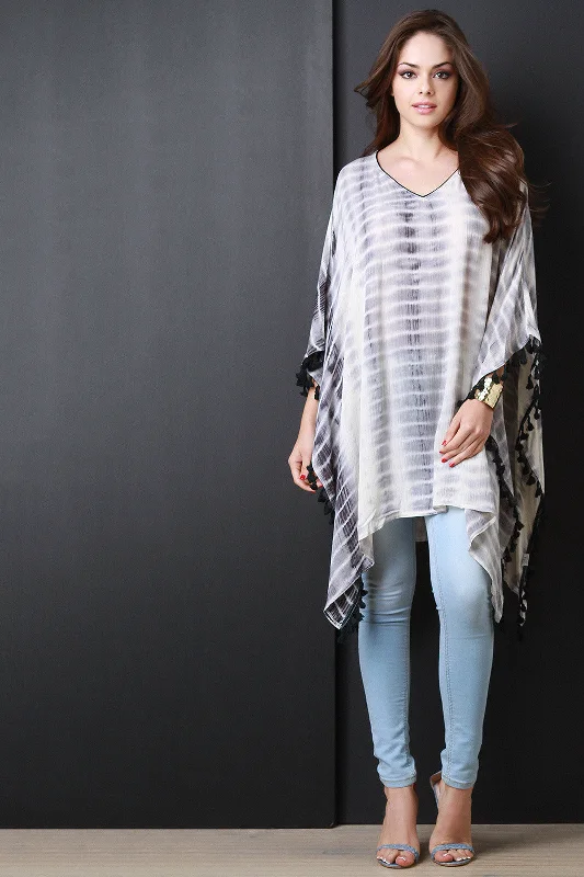 Tie Dye Fringe Tassel Handkerchief Poncho