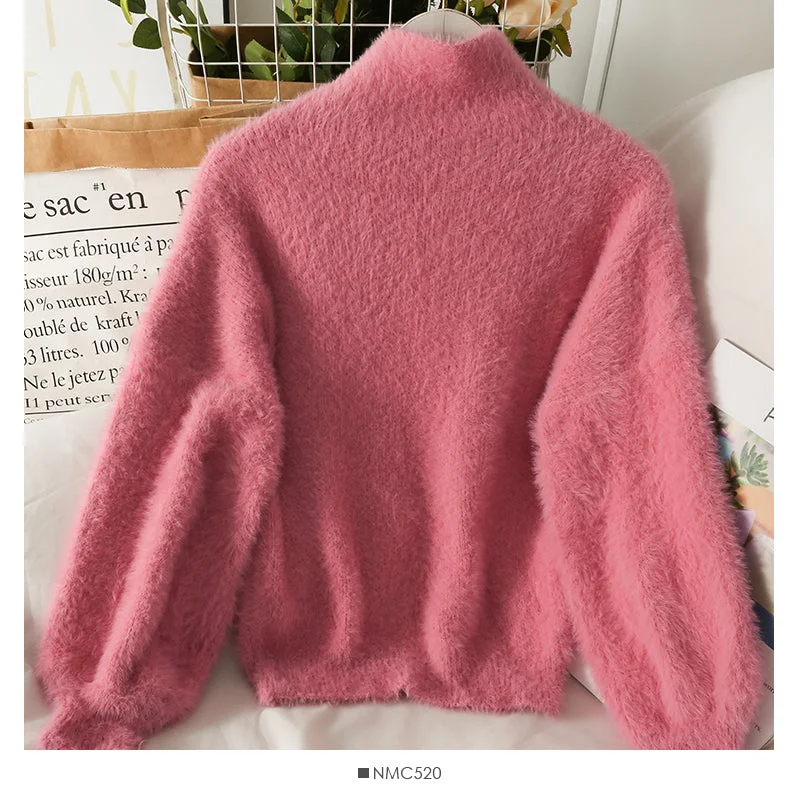 Sweater female Plush high neck slim fit solid color versatile long sleeve top  1764