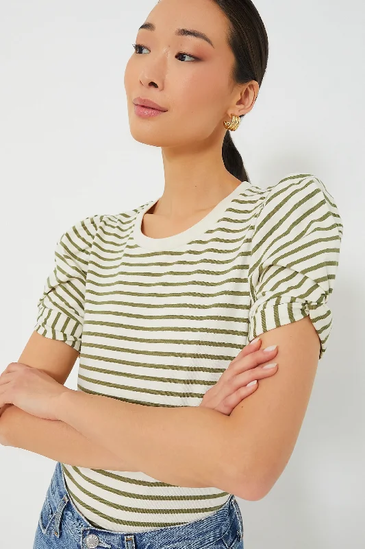 Olive Striped Vesty Puff Short Sleeve Crewneck