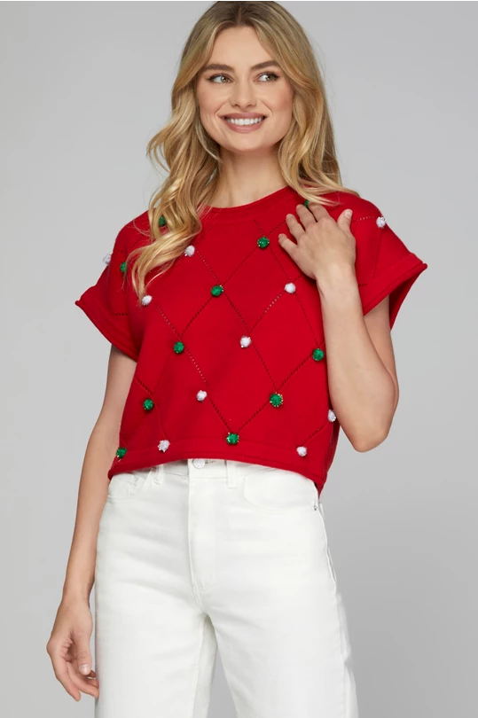 Christmas Pom Pom Sweater in Red