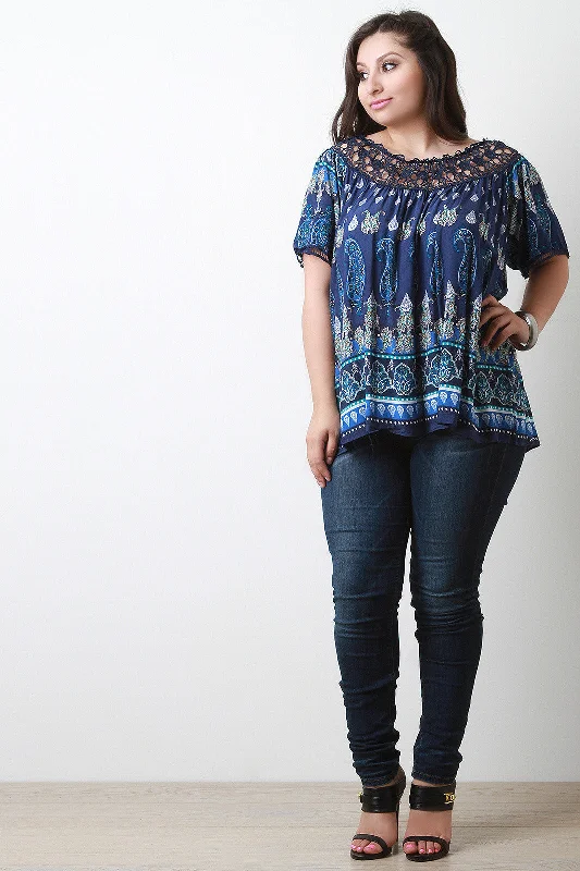 Paisley Print Crochet Panel Short Sleeve Top