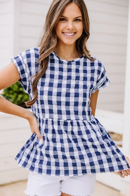 On Your Way Navy Blue Gingham Top