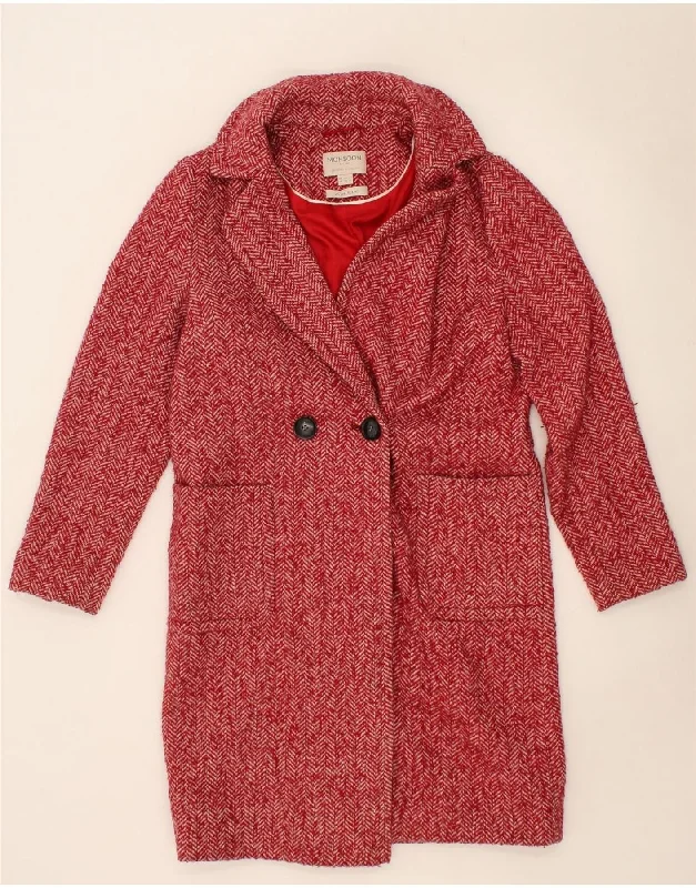 MONSOON Womens Double Breasted Coat UK 10 Small Red Herringbone Polyester