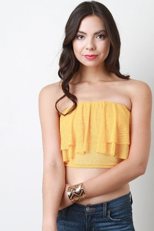 Tiered Ruffle Chiffon Strapless Crop Top