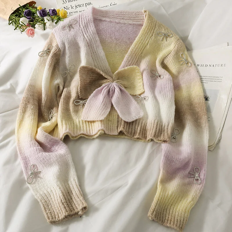 Sweet wind gradient color matching bow contrast short sweater  1783