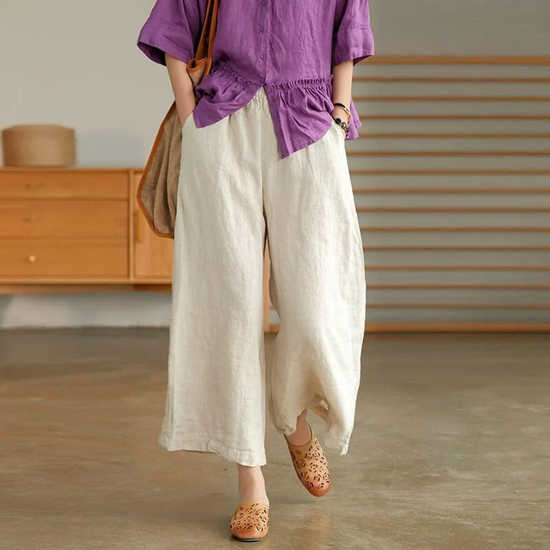 Casual Pure Color Straight Wide Leg Linen Pants