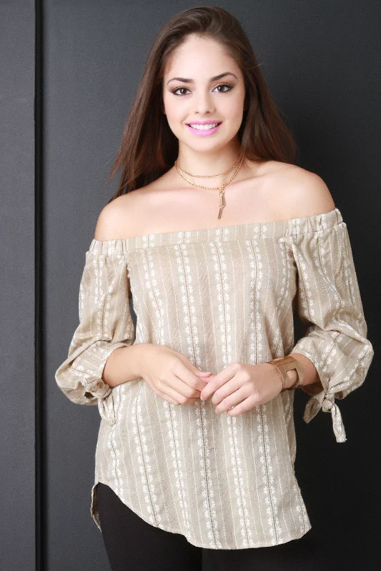 Off The Shoulder Flower Stripe Peasant Blouse