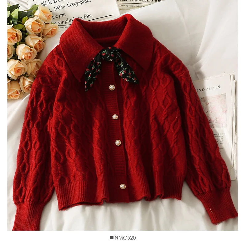 Sweater female autumn dress broken flower BOW TIE LAPEL  1792