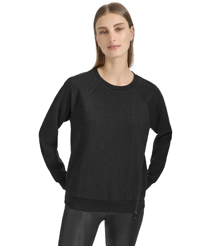 Snake Pattern Textured Long Sleeve Crewneck with Asymmetric Zipper