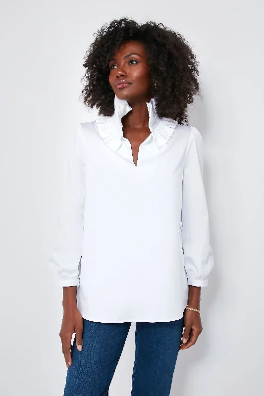 White Stretch Poplin Ruffle Neck Bouvier Blouse