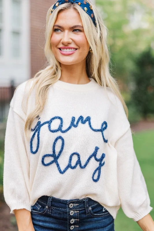 It's Game Day Ivory/Navy Puff Sleeve Sweater