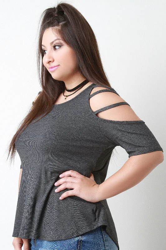 Ladder Cold Shoulder Ribbed Knit Top