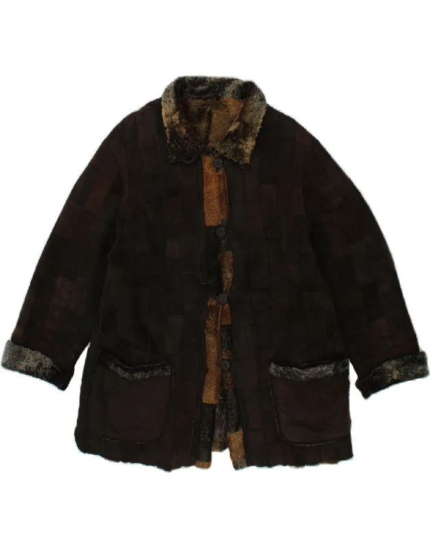 VINTAGE Womens Shearling Coat EU 42 Large Brown Patchwork Shearling