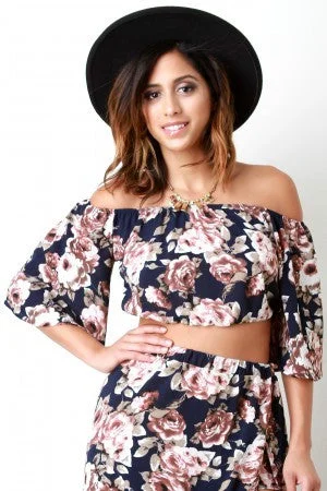 Textured Floral Print Bell Sleeves Bardot Top