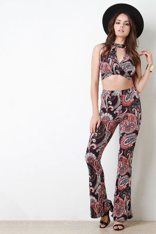 Paisley Cross Wrap Mock Neck Crop Top