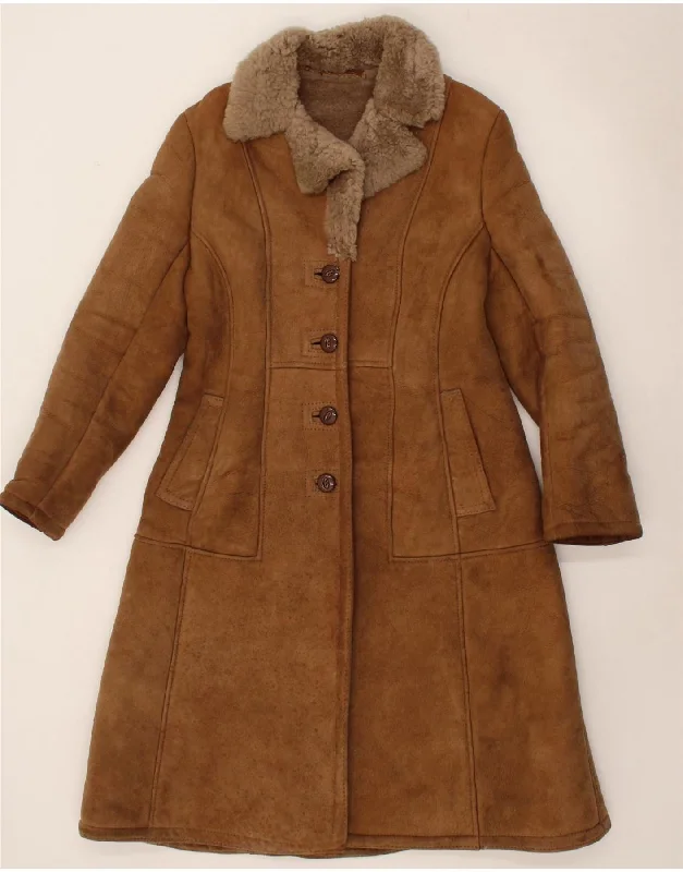 VINTAGE Womens Shearling Coat UK 10 Small Brown