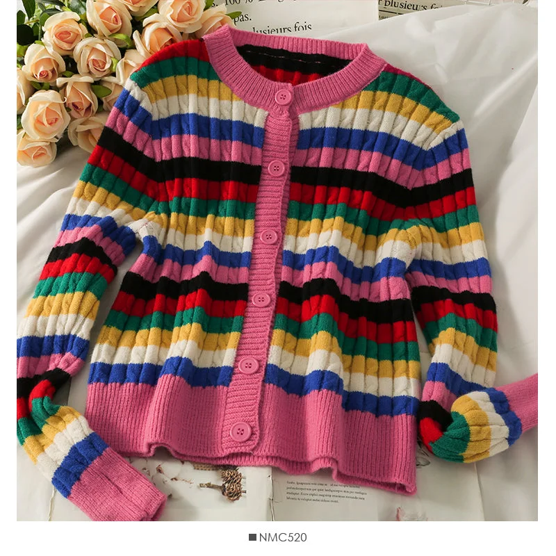 Elegant color stripe single breasted thin women's sweater  1788