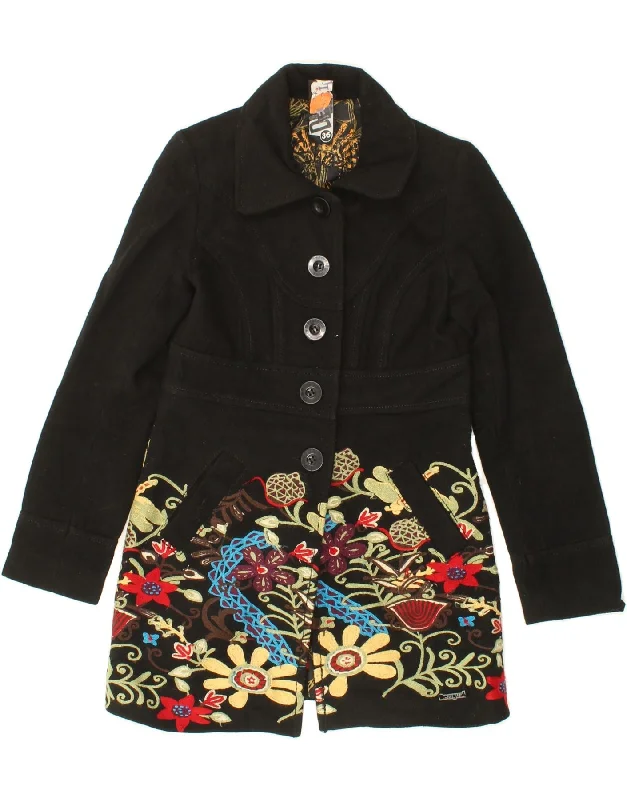 DESIGUAL Womens Graphic Overcoat EU 36 Small Black Floral Polyester