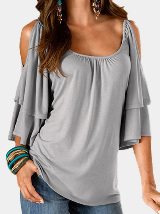 Custom Cold Shoulder Tiered Half Sleeve Grey T-Shirts