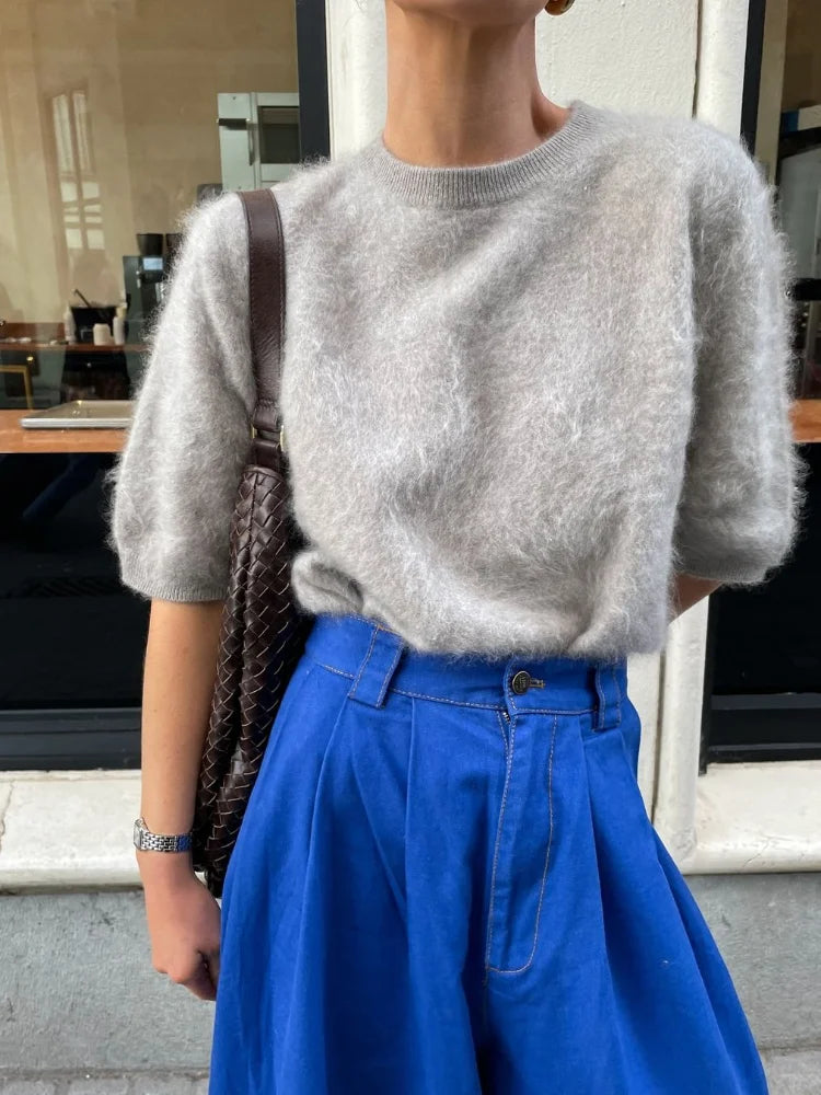 Casual Solid Color Short Sleeve Women's Elegant Round Neck Loose Sweater