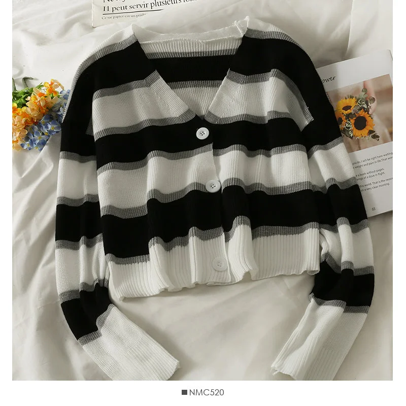 Korean stripe three button low neck thin cardigan long sleeve  1793