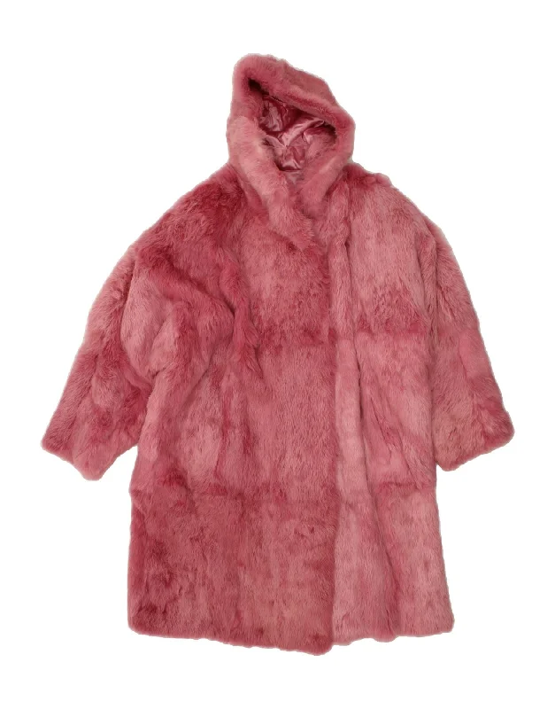 VINTAGE Womens Hooded Faux Fur Overcoat UK 16 Large Pink