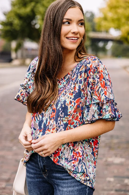 Just You Wait Navy Blue Ruffled Sleeve Top