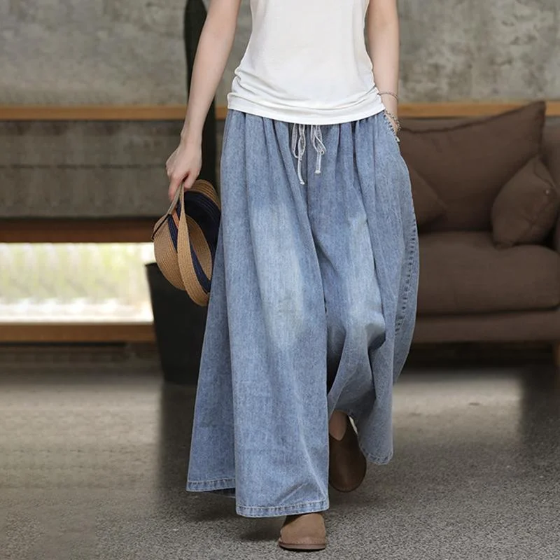 Casual Drawstring Blue Denim Wide Leg Pants