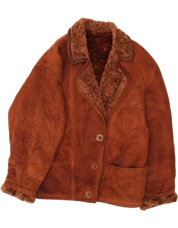 VINTAGE Womens Shearling Jacket UK 14 Large Brown Shearling