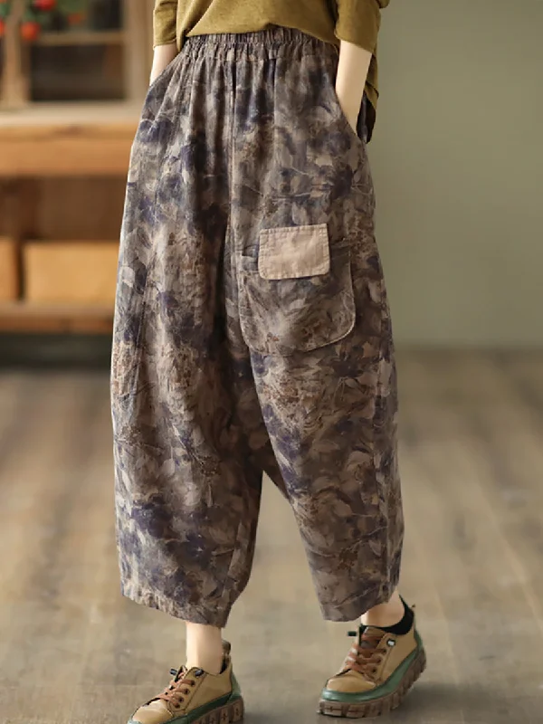 Casual Floral Patch Pocket Loose Pants Spring