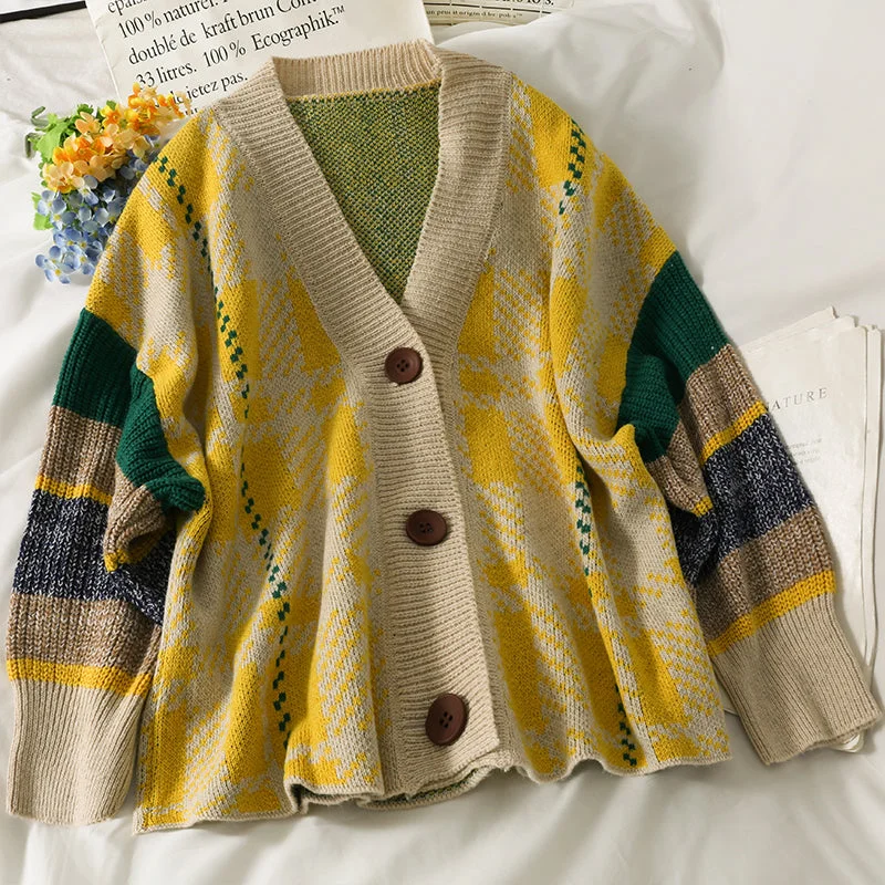 Hong Kong Style checkered single breasted cardigan sweater  1795