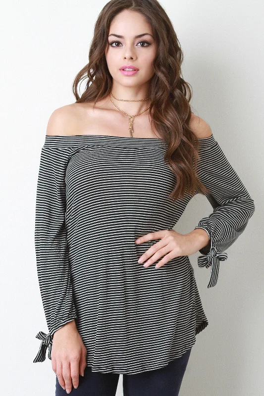 Ribbed Long Sleeves Bardot Top