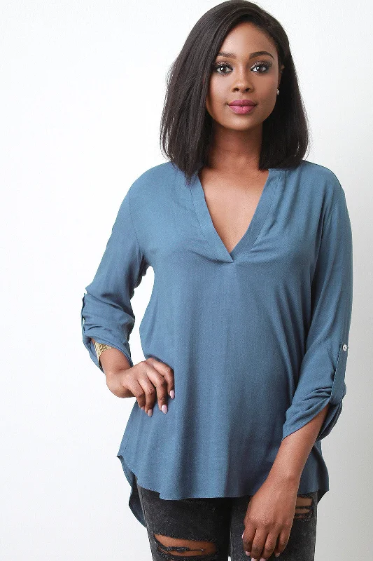 Quart Sleeve Half Placket Blouse Top