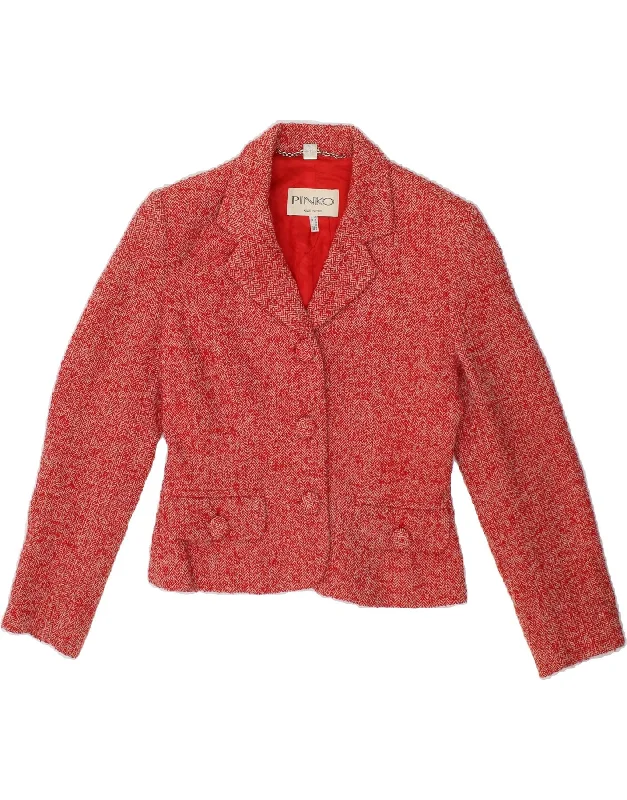 PINKO Womens Crop 3 Button Blazer Jacket UK 8 Small Red Herringbone Wool