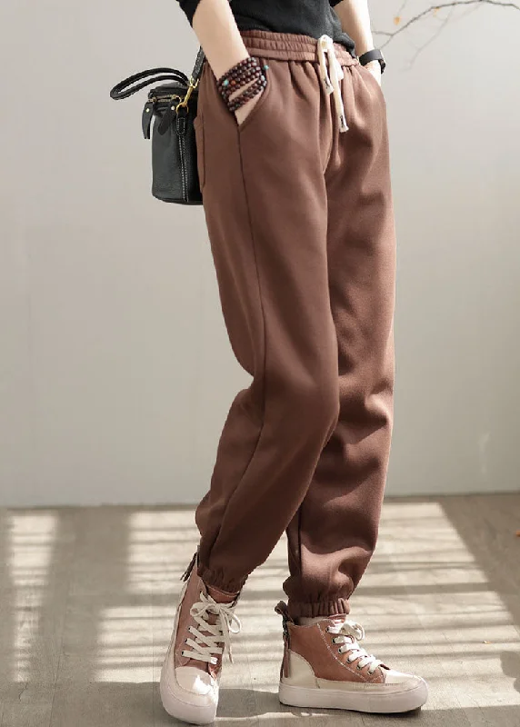 Casual Coffee Elastic Waist Oversized Warm Fleece Pants Winter