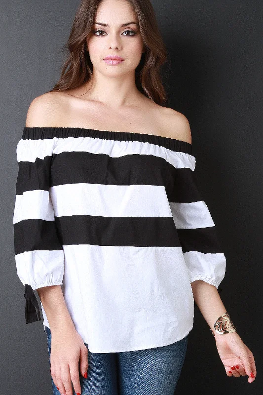 Off The Shoulder Stripe Bow Cuff Blouse