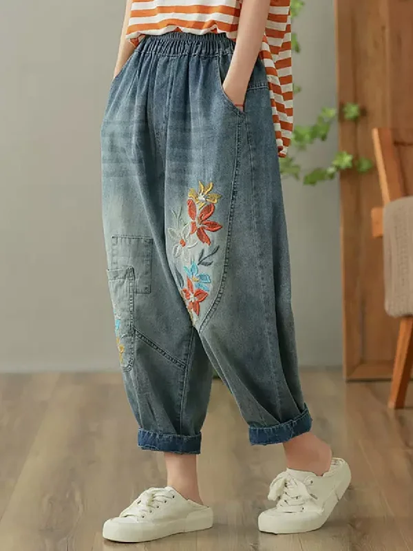 Casual Vintage Flower Embroidery Denim Harem Pants