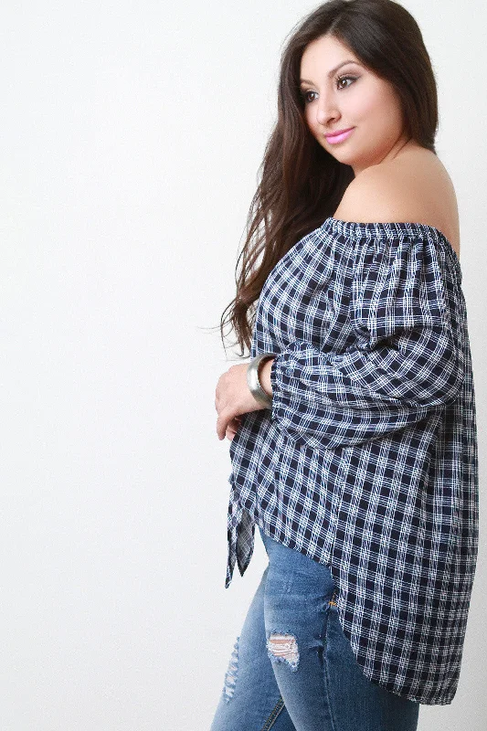 Plaid Self Tie Bardot Top